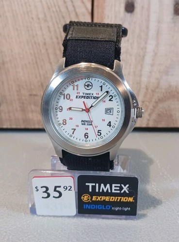 Timex Expedition Indiglo WR 50M White Dial Mens Watch Black Leather Strap