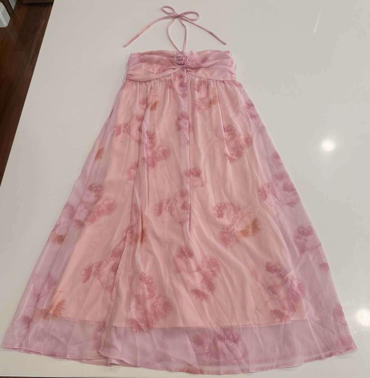 Dazy Pink Floral Halter Midi Dress Sheer Overlay Lined Size M