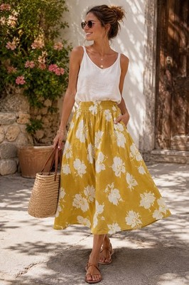 Pena Express Damen Vintage Midirock Senfgelb Blumen Baumwolle Größe L Top