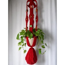 Vintage Red Macrame Plant Hanger with Wooden Alphabet Blocks and Tassel 47 Inch