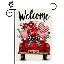 Valentines Day Garden Flag Love Hearts Truck Rustic Yard Outdoor double-sided...
