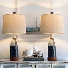 Nautical Table Lamps Set of 2 - Coastal Ocean Style, Navy Blue Resin