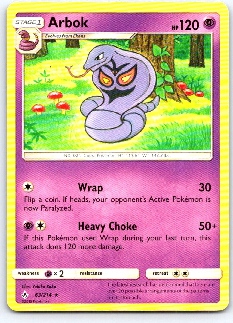 Arbok 63/214 Rare Unbroken Bonds Pokemon Near Mint