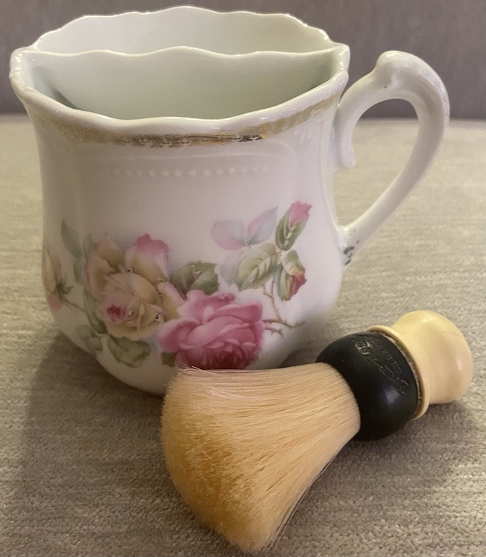 Vintage Germany Floral Rose Design Shaving Mug w/ Ever Ready Bristle Brush 250