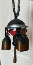Vtg Geschutet Germany Cowbell Wind Chimes Dinner Bell 3 Bells W/Red Hearts