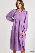 Umgee Orchid Gauze Long Sleeve Collar Split Neck Tiered Maxi Dress