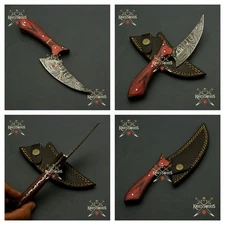 Handmade Damascus Steel Skinning Knife with Redwood Handle & Leather Sheath