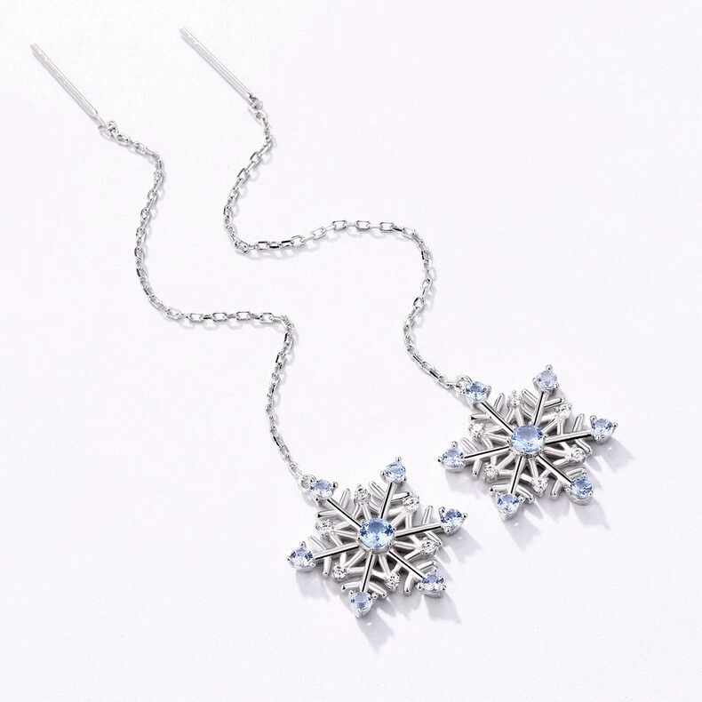 925 Sterling Silver Snowflake Drop Dangle Long Blue Spinel Earrings for Women - Image 3 of 4
