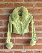 House Of Sunny Island Peggy Green Cardigan Faux Fur Y2K US 4 UK 8 EU 36 Small