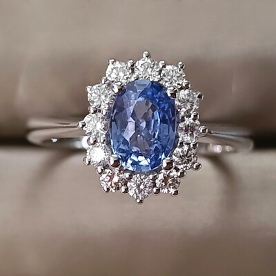 18kt White Gold Flower Ring BLUE SAPPHIRE Natural and DIAMONDS Mod. Lady Diana
