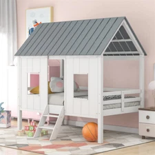 Twin Size Wood Low Loft House Bed with Roof & Two Front Windows for Kids White
