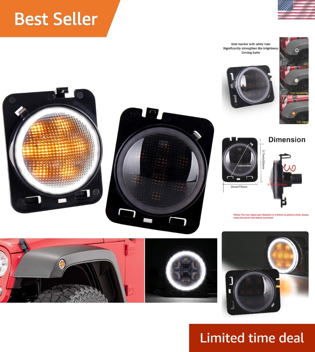 Stealth LED Side Marker Lights with Amber Turn Signals for Jeep Wrangler