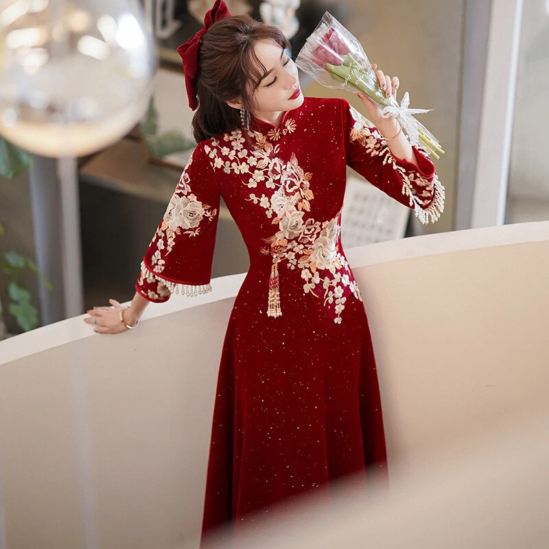 Mujeres Cheongsam Vestido Tostado Novia Chino Vestido de Boda Mujer Vestido de Show Foto 4 de 4