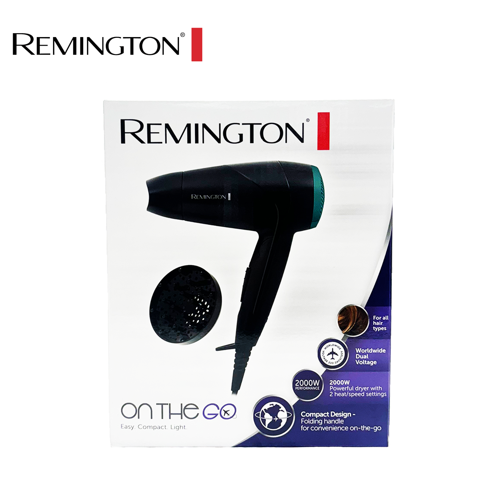 Remington D1500 Compact Travel Hair Dryer, Diffuser, Folding Handle, 2000W NEW