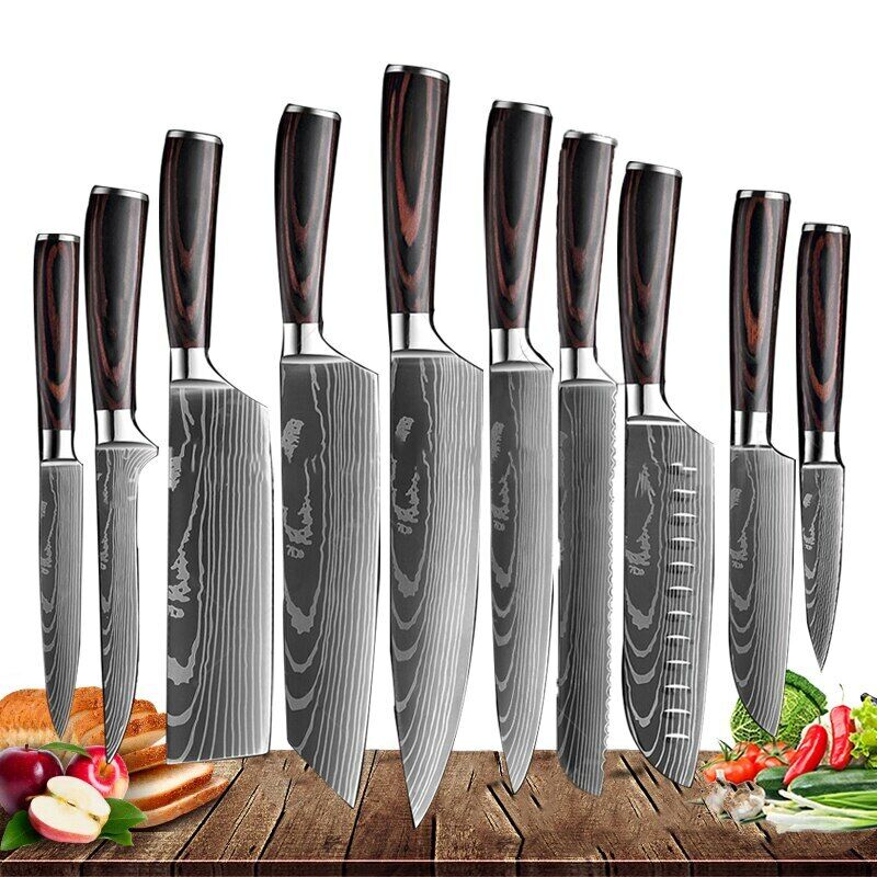 Kitchen Knife Set Japanese Chef Knives Cleaver Damascus Pattern Stainless Steel