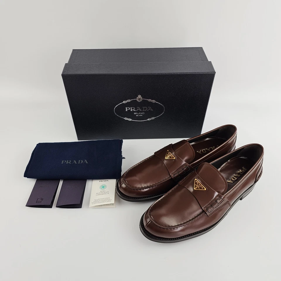 Mocasines de cuero cepillado PRADA $1200 Briarwood nuevos y auténticos Foto 3 de 4