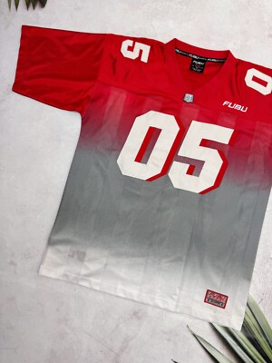 Vintage FUBU Jersey T-Shirt #05 Hip Hop Rap Striped Red & Gray