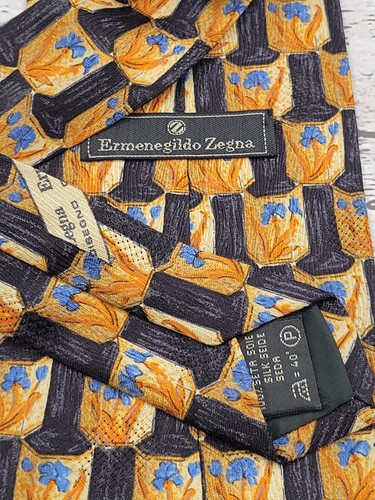 Ermenegildo Zegna Silk Tie "Disegno Esclusivo" Black w/ Iris Flower Gold O221 - Picture 2 of 6