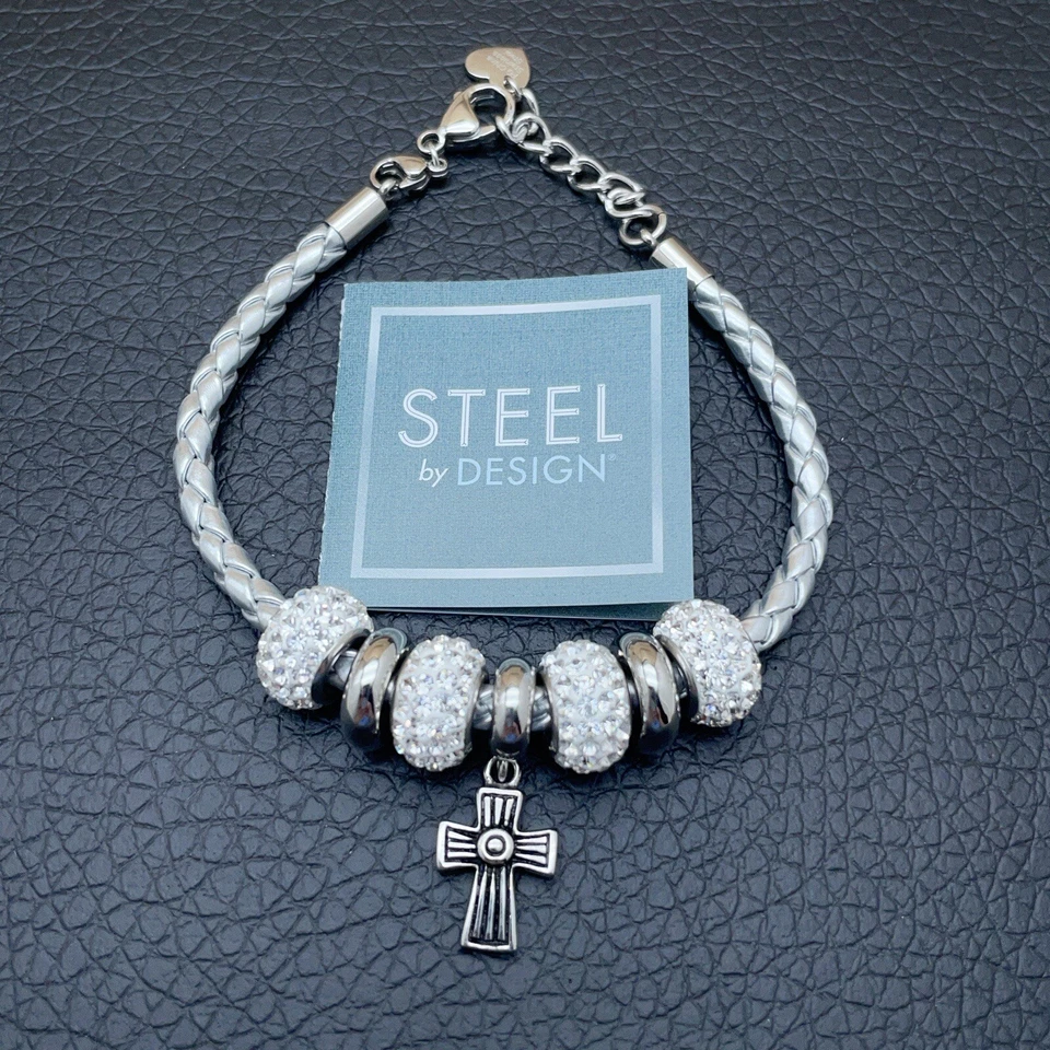 Pulsera con dijes cruzados cuentas de cristal imitación cuero tono plata acero inoxidable  Foto 2 de 4
