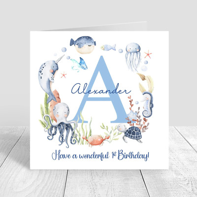 Personalisierte Karte Jungen 1. Geburtstag | Handarbeit Meerestiere | individueller Name