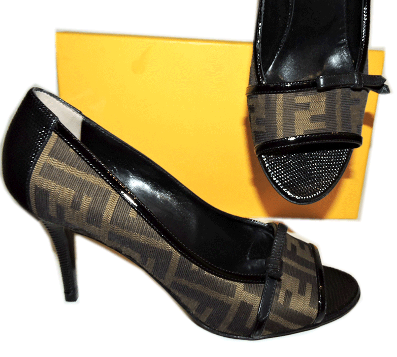 Bomba de lona con el logotipo de Fendi FF Puntera Abierta Negro-Marrón Zapatos Arco Sandalia 39.5 - 9 Bomba de lona con el logotipo de de de Fendi FF Puntera Abierta Negro-Marrón Zapatos Arco Sandalia 39.5 - 9 buena reputación
