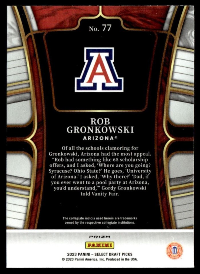 2023 Select Draft Yellow Lazer Prizms Rob Gronkowski Arizona Wildcats ...