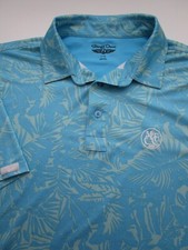 Mens Large Straight Down SS golf polo shirt blue floral hawaiian Mount Tabor