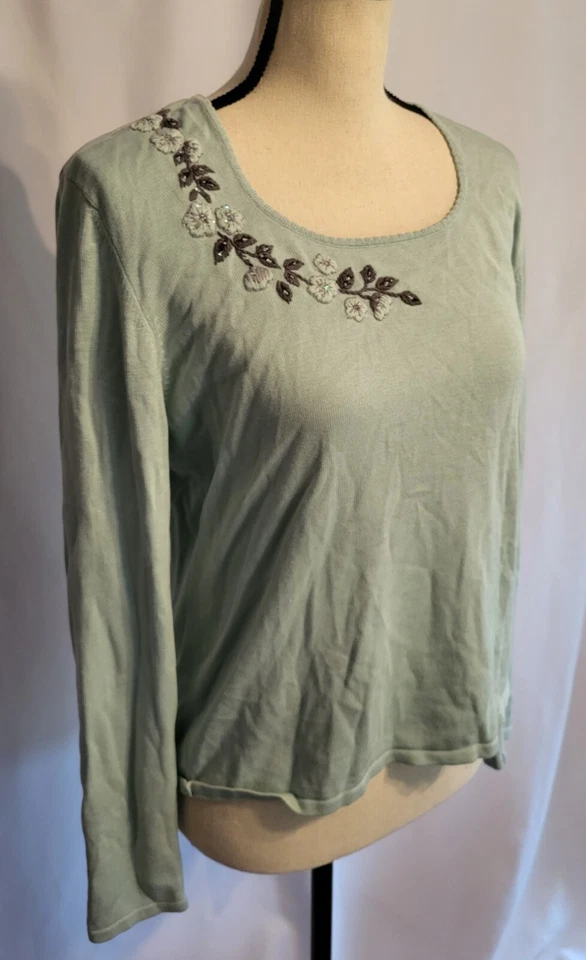  Vintage Mint Green Floral Embroidered Long Sleeve Top Sweater Size S - Image 4 of 4