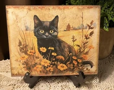 Prairie Halloween,  Black Kitty Cat, Handcrafted Canvas Board  Sign
