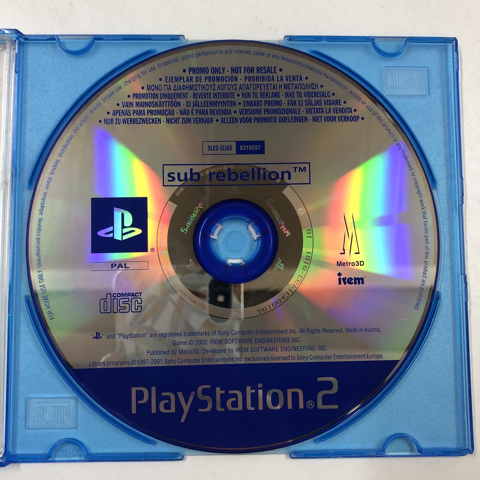 CD DISC promo sub rebellion not for resale blue disc SCES51160 PS2 playstation 2