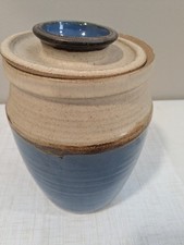 Beautiful Signed Art Studio Pottery Large Blue Tan Cookie Canister Jar with Lid