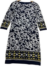 Chaps Womens Abstract Floral Shift Dress 3/4 Sleeve Size S Navy Blue White