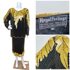Vintage 1980s Does 1920s Sequins and Beaded Blouse and Skirt Set Gold and Black