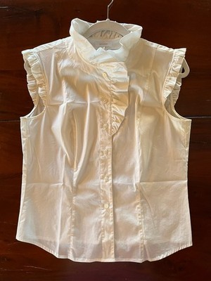 ESCADA White Cotton Blend Ruffle Collar Blouse Top Sz 38 8-10 M