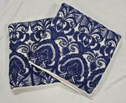 Pottery Barn 2 Euro Shams Blue & White Jacobean Cotton Quilted WHT Trim 25"x25" - Picture 1 of 5