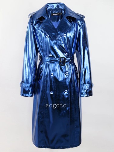 Spring Autumn Women Long Shiny Reflective Patent Leather Trench Coat Overcoat - 第 7/21 張圖片