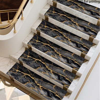 2D Flat Black & Golden Cracked Marble Stair Treads Suitable for Indoor/Outdoor