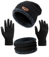 Winter Beanie Hat Circle Scarf Touchscreen Gloves Set, Snow Knit Skull Black