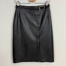 Vintage Black Leather Zip Front Pencil Skirt 10 (28” waist)