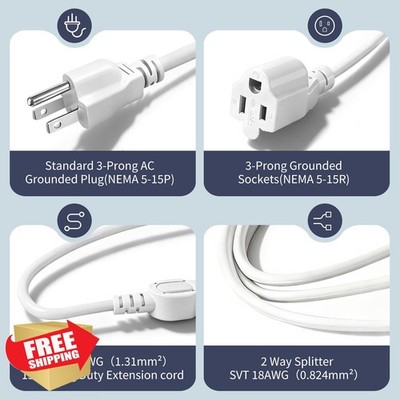 LBSC 1-to-3 White 3 Prong Outlet Splitter Extension 20'' SJT