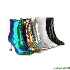 Women's Stilettos High Heel Shoes Pointy Toe Sequins Shiny Ankle Boots Side Zip