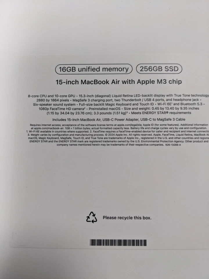 Apple MacBook Air 15" Apple M3 chip 16GB RAM 256GB SSD Midnight MC9G4LL/A 2024 - Image 3 of 4