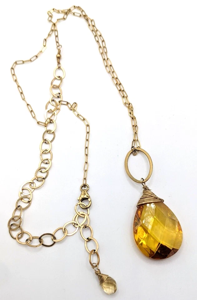Collar Cristal Citrino Oro 14K Lleno Lágrima Ámbar Larga Delicada Cadena Foto 4 de 4