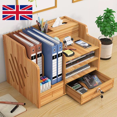 Wooden Office Desk Organiser Stationary Home Tidy Storage Tabletops Space Saving