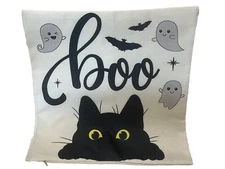 Black Cat BOO Ghosts Spooky Fun Halloween Fall Throw Pillow Cover Home Decor