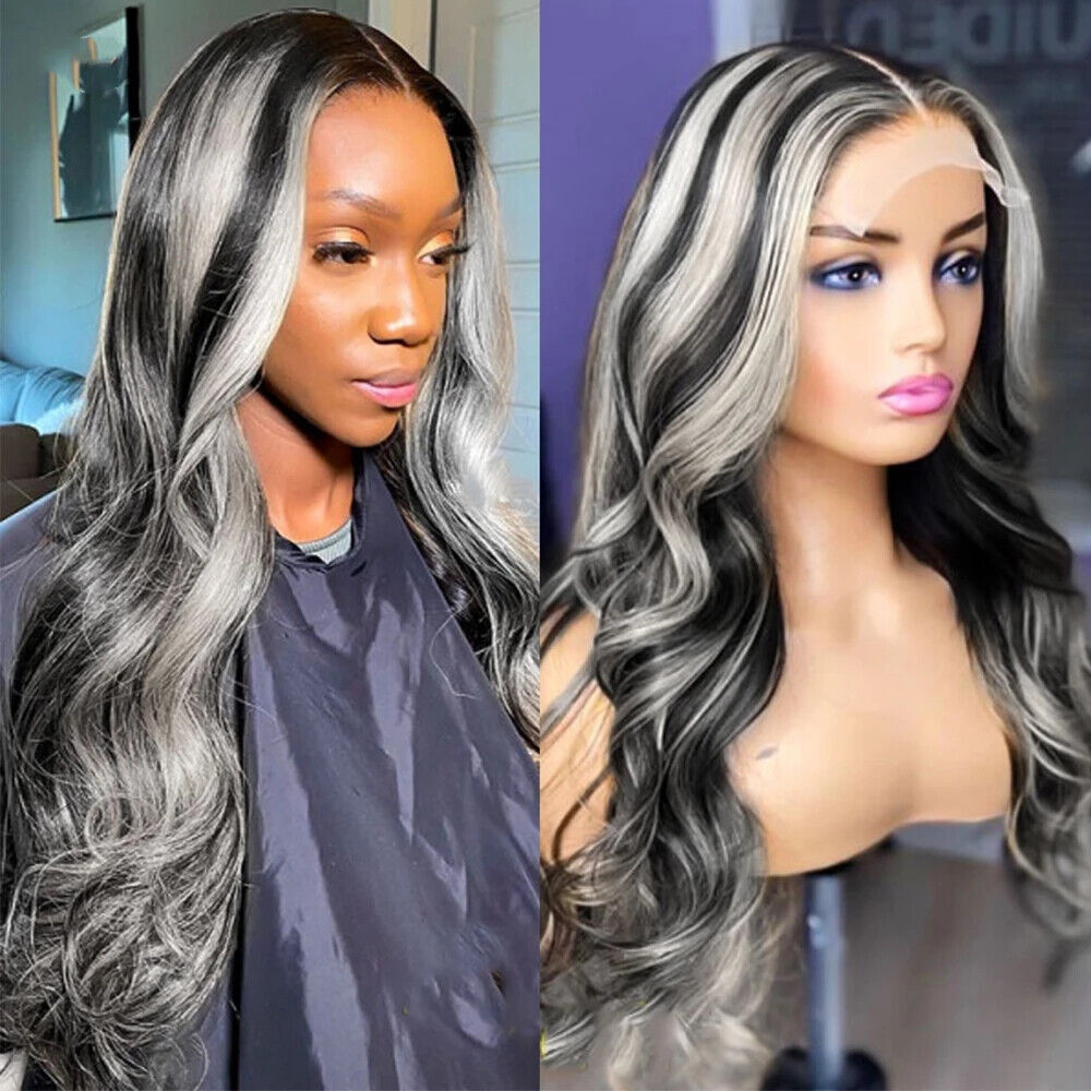 Highlight Grey Wig Human Hair Body Wave Lace Front Wig With Grey Highlights  Human Hair 4x4 Grey Highlight Lace Front Wig Human Hair Platinum Blonde  Highlight Wig For Black Women Hair 16