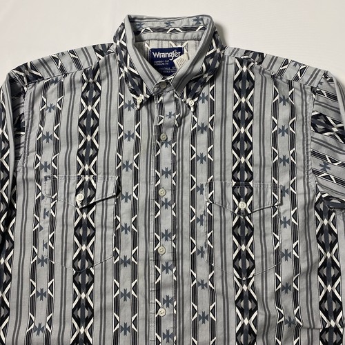 Wrangler Mens 16.5x36 Gray Striped Western Aztec Rodeo Button Down Shirt Vintage - Picture 7 of 14