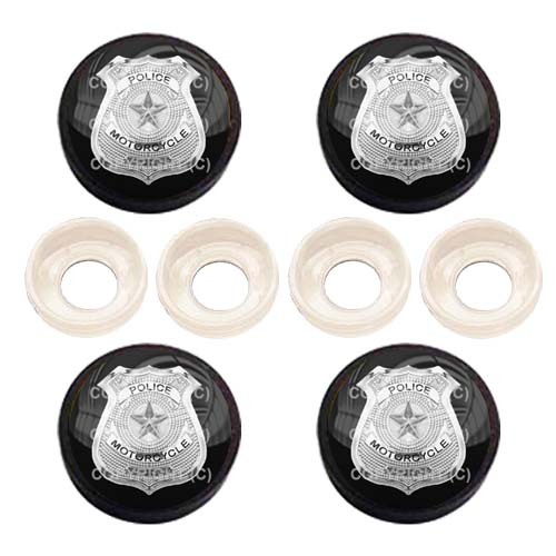 4 Black License Plate Frame Tag Screw Snap Cap Covers POLICE BADGE