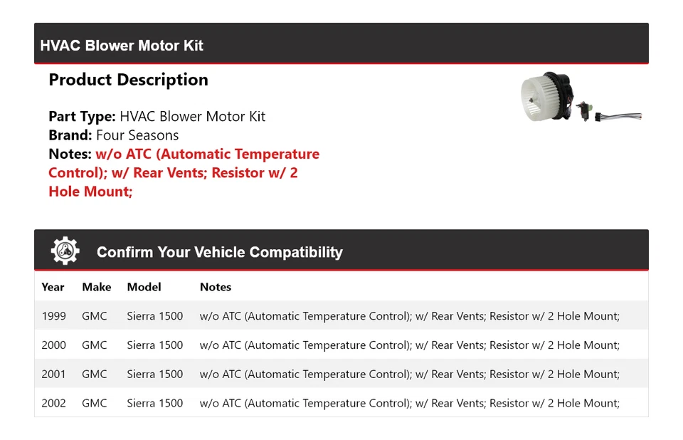 Kit de motor soplador de climatización para GMC Sierra 1500 1999-2002 4 estaciones 2000 2001 Foto 2 de 3
