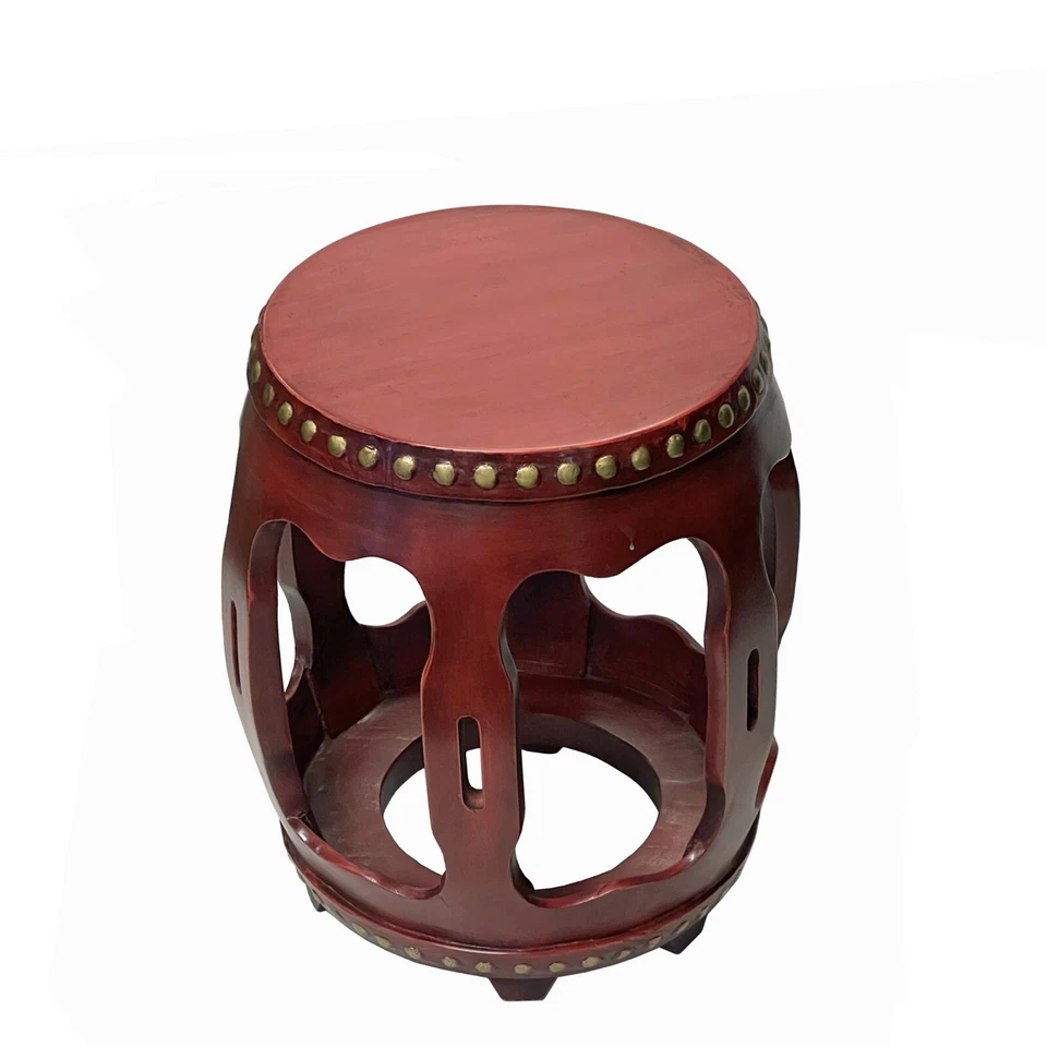 Chinese Distressed Brick Red Gold Dots Wood Ru Yi Bar Round Barrel Stool cs7709 - Image 3 of 4